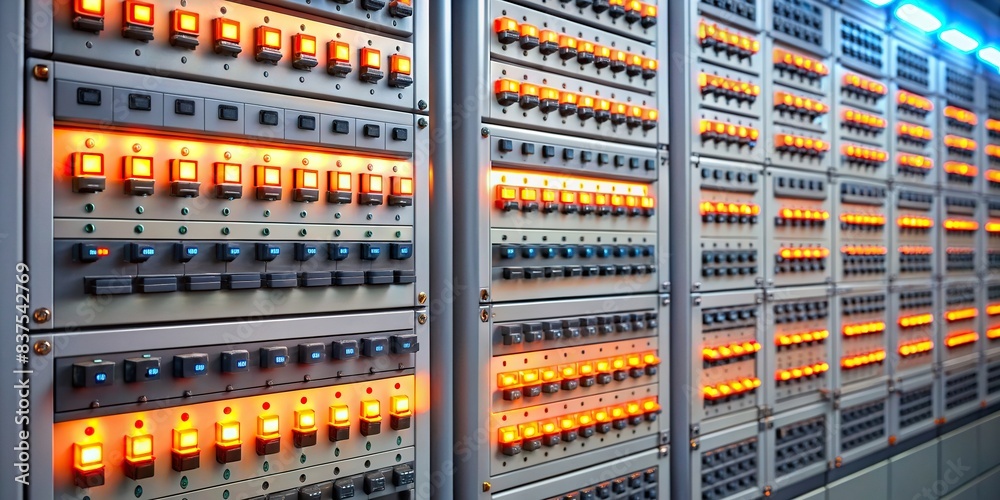 Glowing orange and grey control panel of computer data center switchboard for worldwide network connection , technology, illuminated, background, switchboard, computer, data center