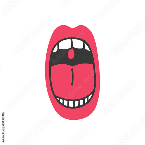 Wide open mouth icon. Throat show. Scream cry shout symbol. Hand drawn red lips white teeth tongue uvula. Hand drawn flat style. Isolated vector illustration.