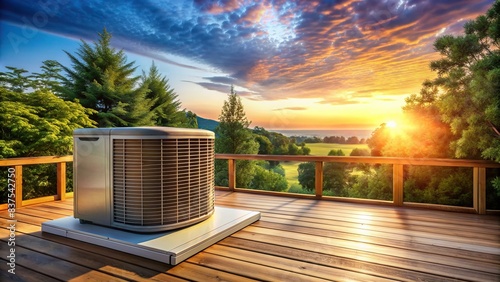 HVAC unit installed on wooden terrace at golden hour in summer AC service background, HVAC, air conditioning, unit, outside, house, wooden terrace, golden hour, summer, services photo