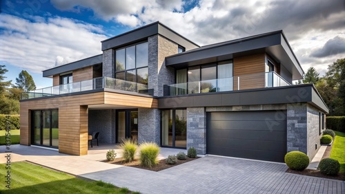 Stylish modern house exterior with graphite tint decoration , modern, house, exterior, stylish, graphite, tint, decoration, architecture, design, sleek, contemporary, home, luxury, windows photo