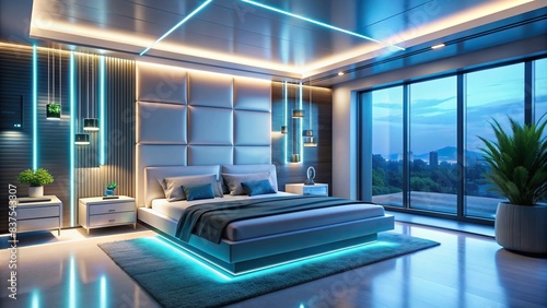 Futuristic bedroom with minimalist decor  high-tech gadgets  and ambient LED lighting  futuristic  bedroom  minimalist  decor  high-tech  gadgets  ambient  LED lighting  modern
