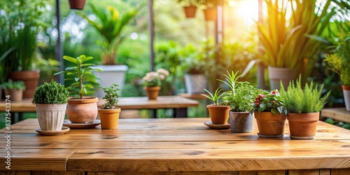 Wooden table top with pot plants in blurred background  wood  table  top  pot plants  blurred  background  greenery  home decor  interior design  gardening  nature  peaceful  rustic