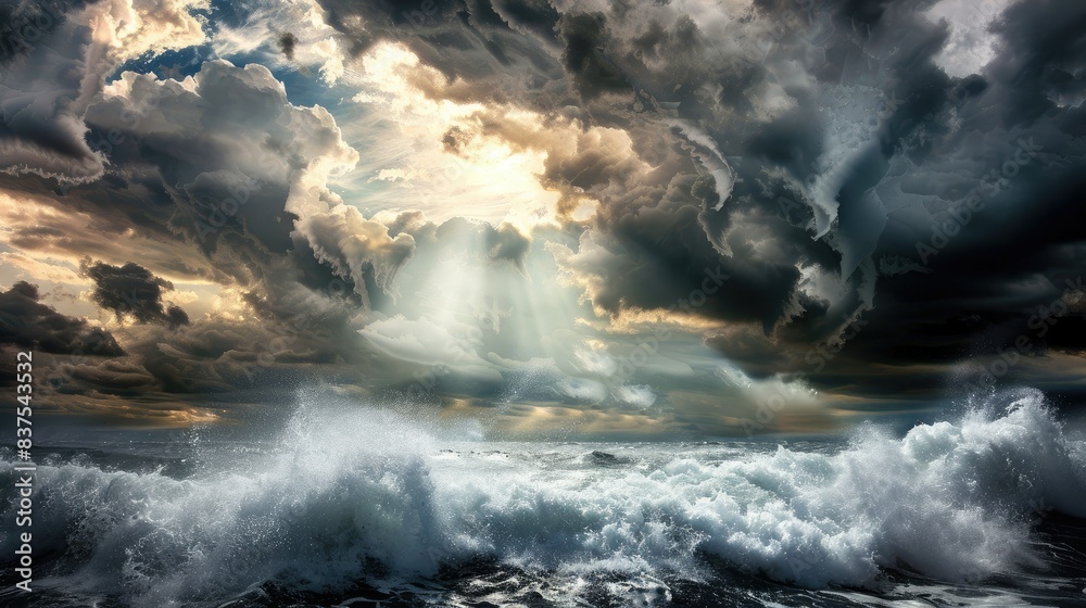 Fototapeta premium Sun rays from dark clouds reflecting off wavy and choppy ocean surface, Symbolizes natural imbalance.