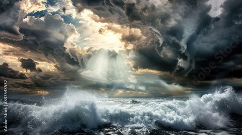 Sun rays from dark clouds reflecting off wavy and choppy ocean surface, Symbolizes natural imbalance.