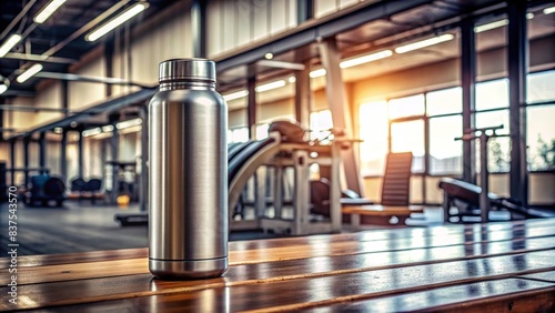 Still life photo of a thermos on a gym bench, thermos, gym, fitness, exercise, hydration, drink, bottle, workout, health, equipment, metal, container, flask, sports, routine, energy
