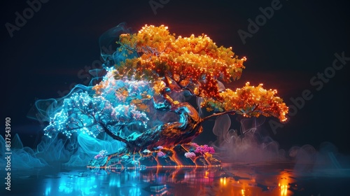Neon 3D image of bonsai colourful orange and baby blue 3D AI generated
