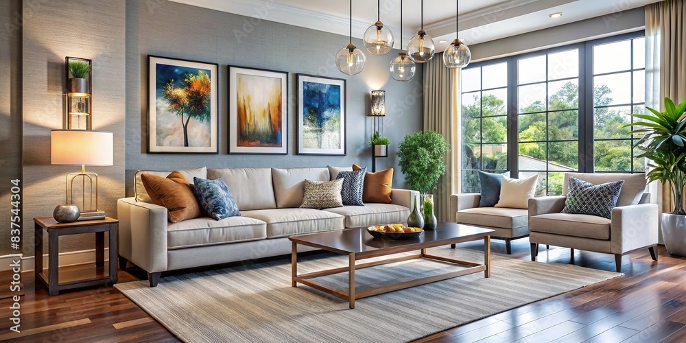 Modern living room with transitional interior design, featuring a stylish sofa, wall art, table, and beautiful decor , modern, living room, transitional, interior design, stylish, sofa
