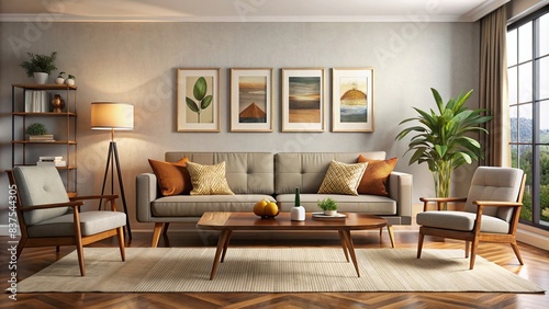 Mid century modern living room with elegant sofa, framed artwork, table, and accessories , mid century, interior design, modern, living room, elegant, sofa, framed artwork, table photo