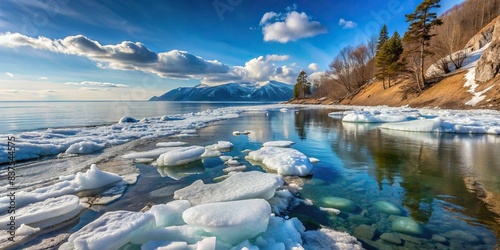 Melting ice on the shore of Baikal lake in spring, showcasing the transition from winter to warmer weather photo