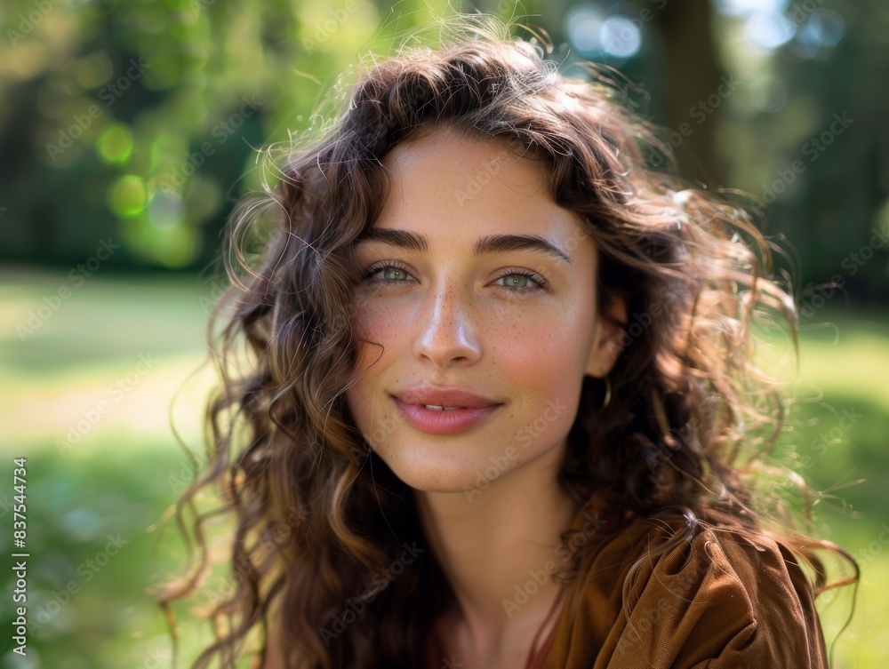 Curly-Haired Woman with Green Eyes in Park. Generative AI. Curly-Haired Woman with Green Eyes in Park. Generative AI.
