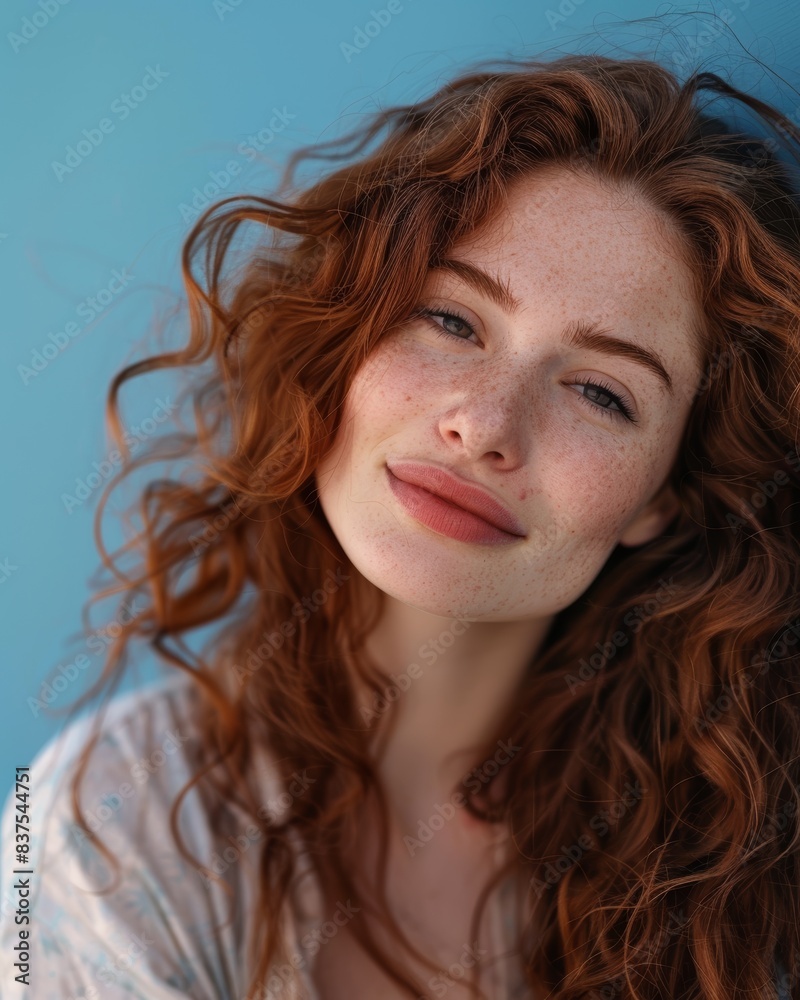 Smiling Red-Haired Woman with Freckles Against Blue Background. Generative AI. Smiling Red-Haired Woman with Freckles Against Blue Background. Generative AI.