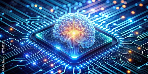 Abstract image of a glowing human brain connected to a processor, representing the fusion of human intelligence and machine learning capabilities photo