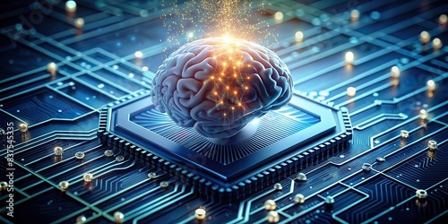 Surreal stock photo featuring a human brain shining with light next to a computer chip, symbolizing the advancement of artificial intelligence and big data technology