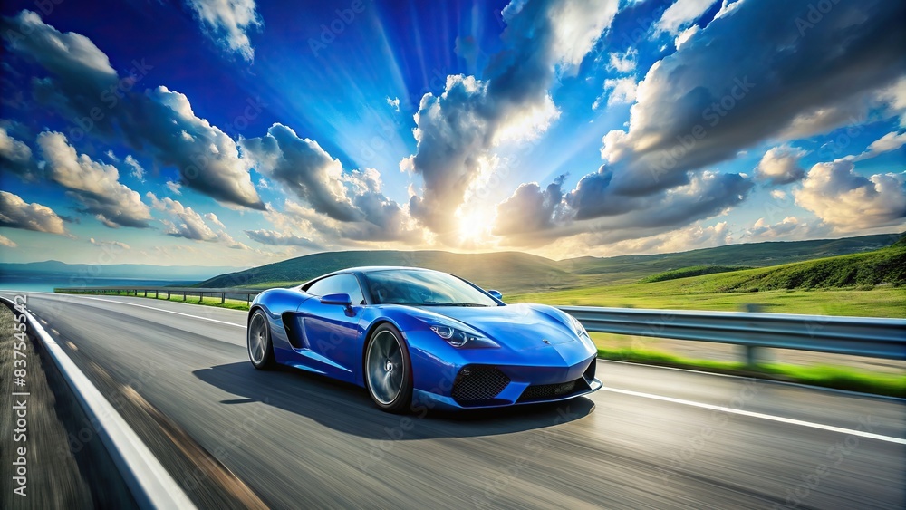 Vibrant blue sports car racing on a highway under a clear blue sky with fluffy clouds