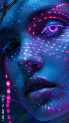 Neon Dreams: Futuristic Fashionista Embracing Surrealism with Dazzling Makeup and Bold Decor in Graphic Spiral Art Backdrop，Fashion surreal concept. Futuristic female girl with neon dotted lines and e © Da