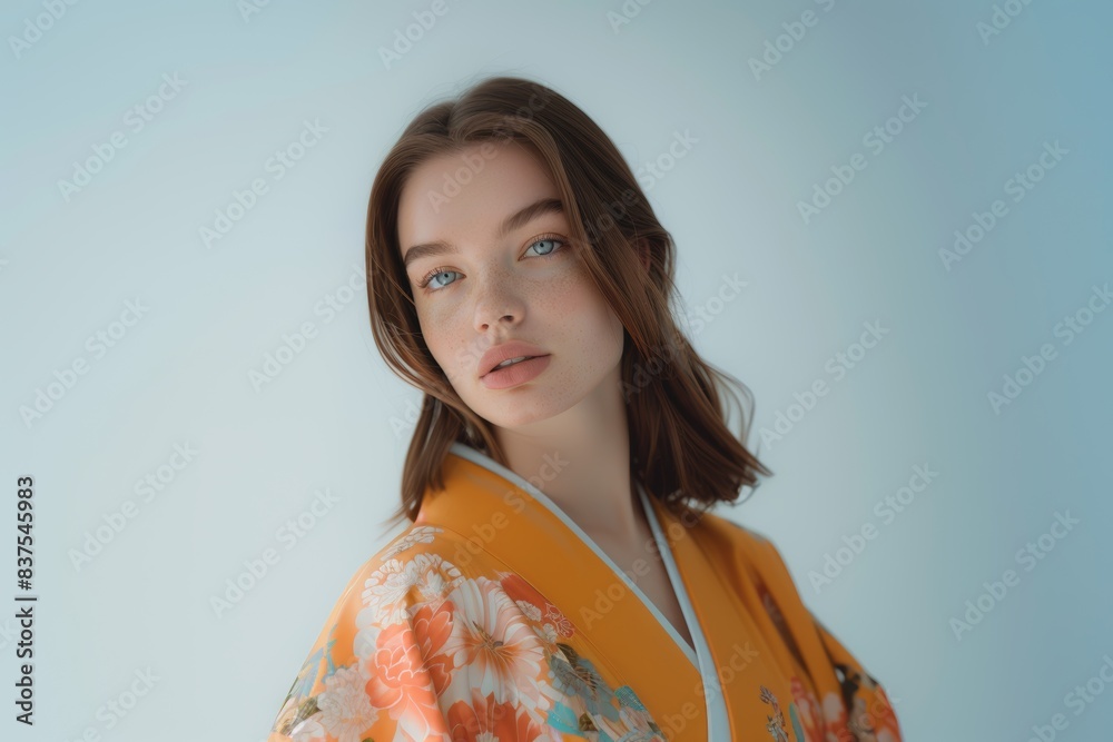 Young Woman in Floral Kimono with Light Blue Background. Generative AI. Young Woman in Floral Kimono with Light Blue Background. Generative AI.