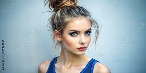 Close up of a messy bun hair in navy tank top with blue eyes