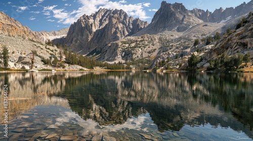 Tranquil lake reflecting towering mountains. Suitable for nature and travel related contents.