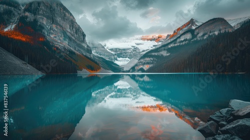 Tranquil lake reflecting high mountains. Suitable for nature and travel related contents.