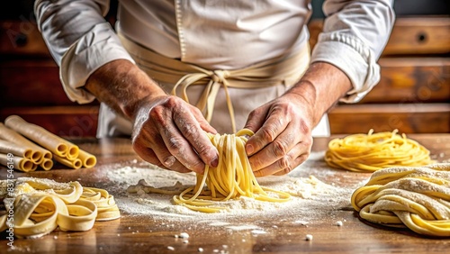 Close-up of a chef's hand expertly making pasta on a kitchen table with flour and fresh handmade pasta photo