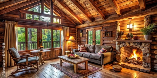 Cozy interior of wooden cabin in the woods with rustic decor photo