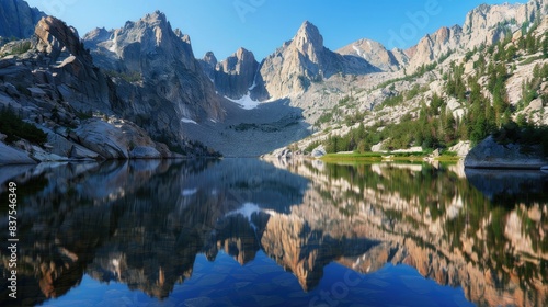 Tranquil lake reflecting elevated mountains. Compatible for nature and travel related contents.
