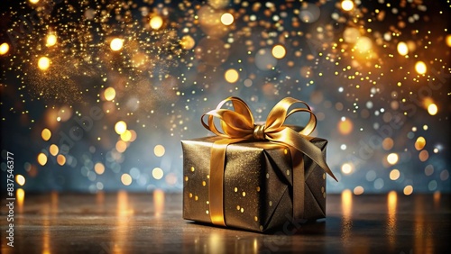 Mysterious gift box with question marks and golden bow on dark background with bokeh lights photo