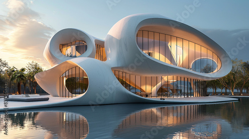 The unique futuristic architectural aesthetics of the house by the pond is minimalist and smooth building wallpaper 
