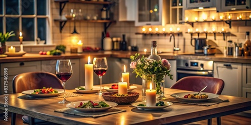 Kitchen setting with romantic dinner for two, including candles, wine glasses, and prepared plates photo