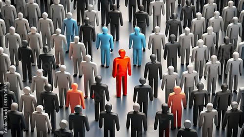 One person in vibrant color standing out in a crowd of black and white figures