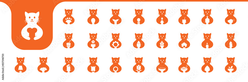 pet cat cute flat cartoon mascot modern icons set design vector