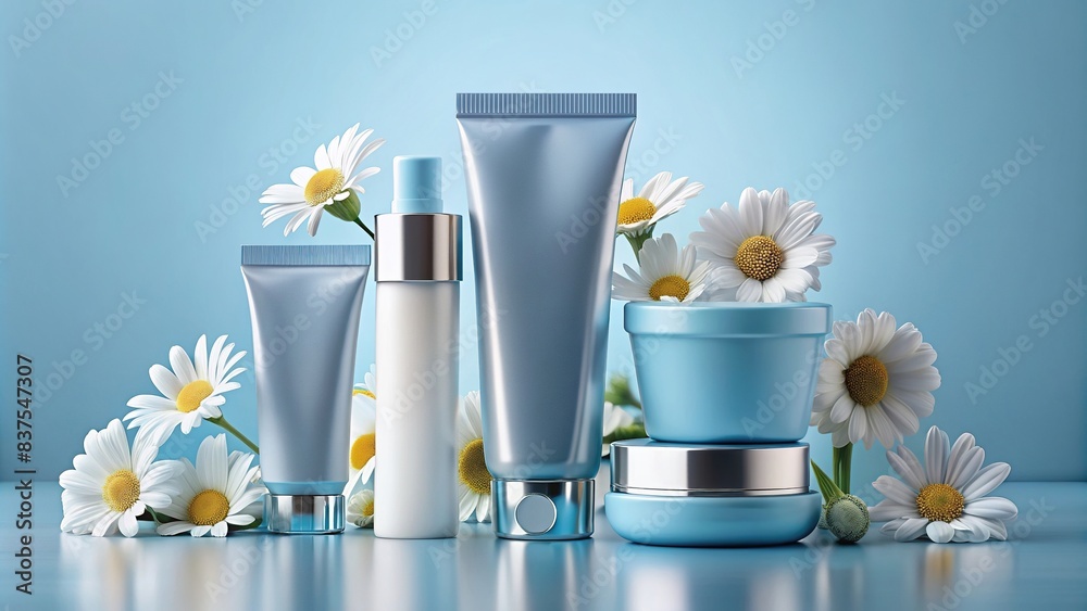 Elegant beauty cosmetics packaging mockup in grey blue with daisy flowers
