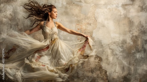 A woman in a white dress is dancing in the air