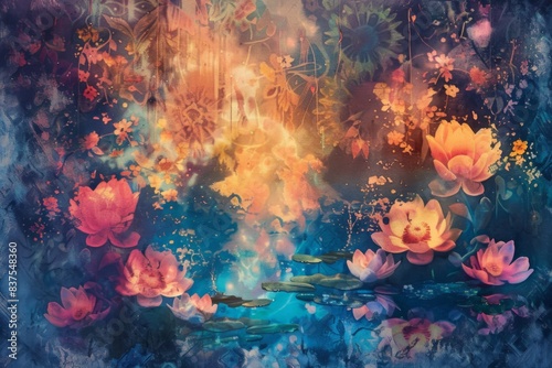 A painting of a pond with many flowers and water lilies photo