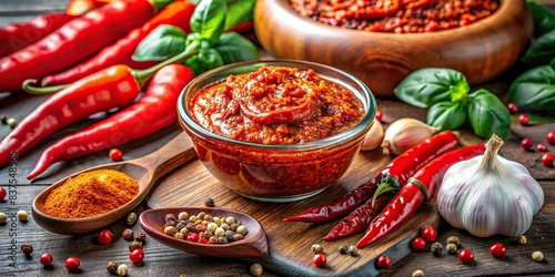 Delicious traditional Tunisian hot chili pepper paste Harissa with ingredients photo