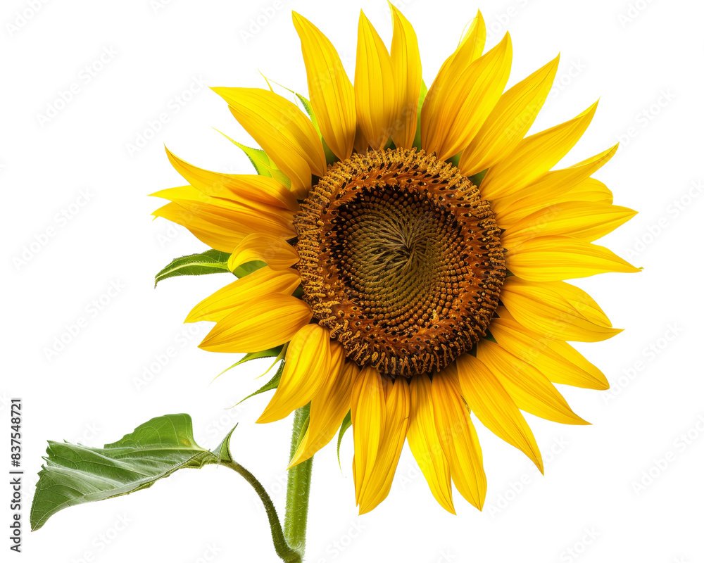 Obraz premium Bright yellow sunflower with detailed petals and green leaves isolated on transparent background, perfect for nature and floral themes.