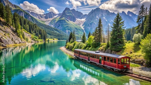Alpine sightseeing train running around serene lake photo