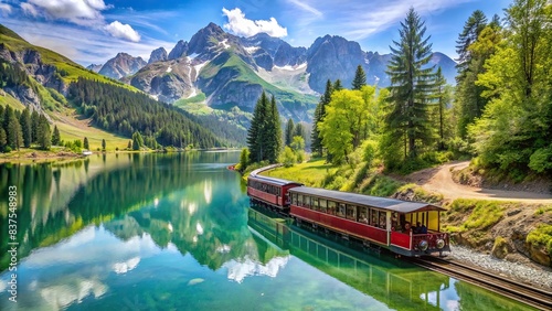 Alpine sightseeing train running around serene lake photo