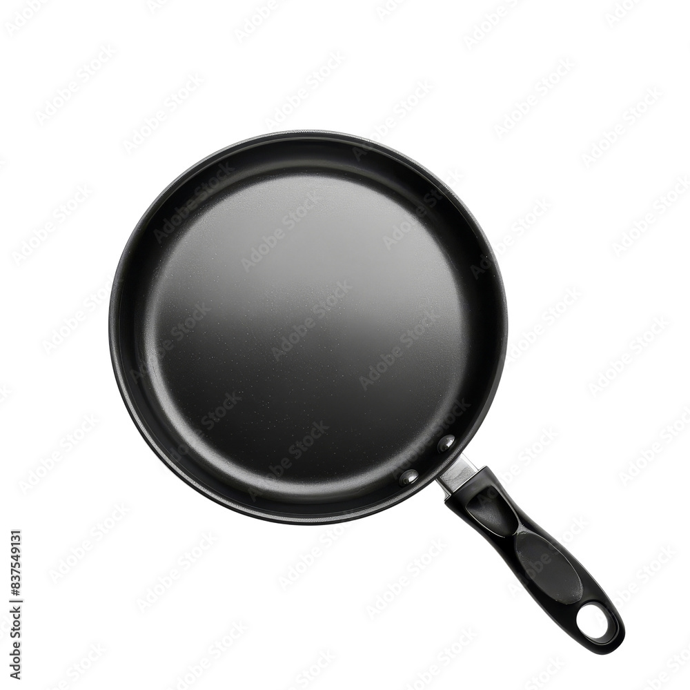 Top view of a black nonstick frying pan with a handle on a transparent background. Perfect for cooking-related projects or kitchenware themes. Top view of a black nonstick frying pan with a handle on a transparent background. Perfect for cooking-related projects or kitchenware themes.