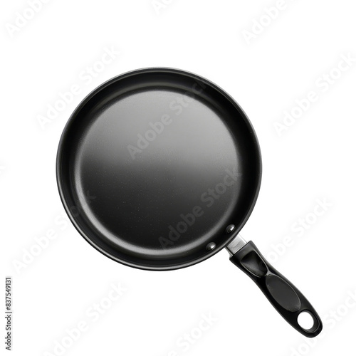 Top view of a black nonstick frying pan with a handle on a transparent background. Perfect for cooking-related projects or kitchenware themes.