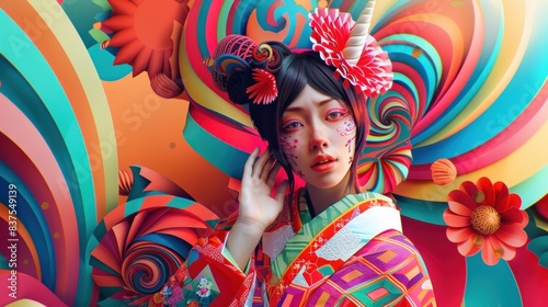 a japanese female dressed in colorful is standing in front of colourful shapes, in the style of daz3d, matte photo, body extensions, colorful costumes, symmetry, unicorncore, postmodern photo