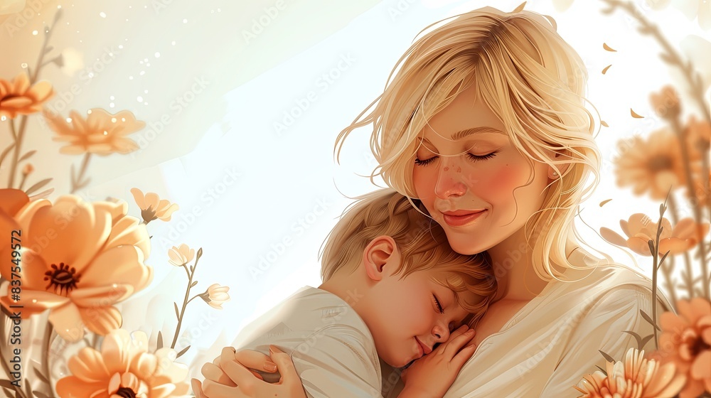 Mother's Embrace: A digital art illustration of a blonde woman with shoulder-length hair hugging her sleeping son, styled in a cute cartoon format. white background
