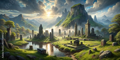 Norse and Viking mythology inspired landscape featuring mystical runes and ancient ruins photo