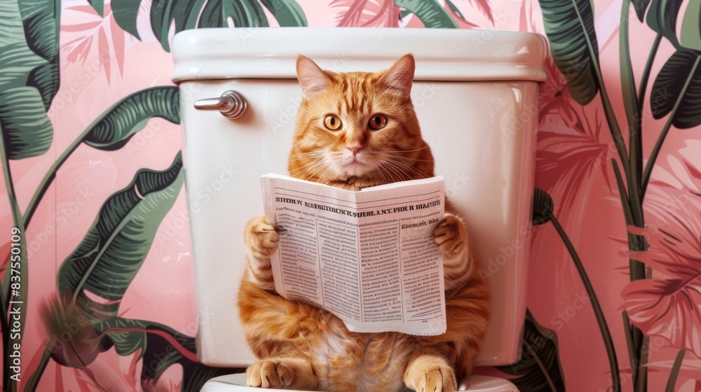 Fototapeta Yellow cat on Toilet Print, Animal on Toilet Funny Bathroom Wall Art, Tropical Pink Botanical Bathroom Humour Art Print, Animal Reading Newspaper
