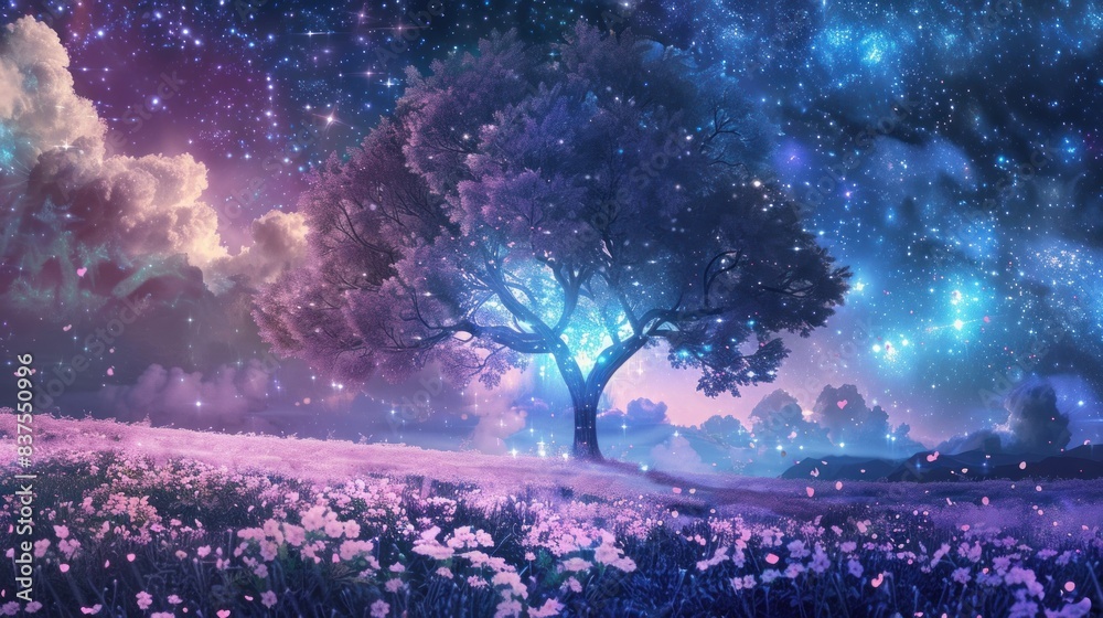 A tree with purple leaves is in a field of flowers A tree with purple leaves is in a field of flowers