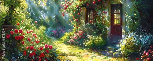 a colorful garden scene featuring red and pink flowers  a brown wooden door  and a vibrant red flower in the foreground