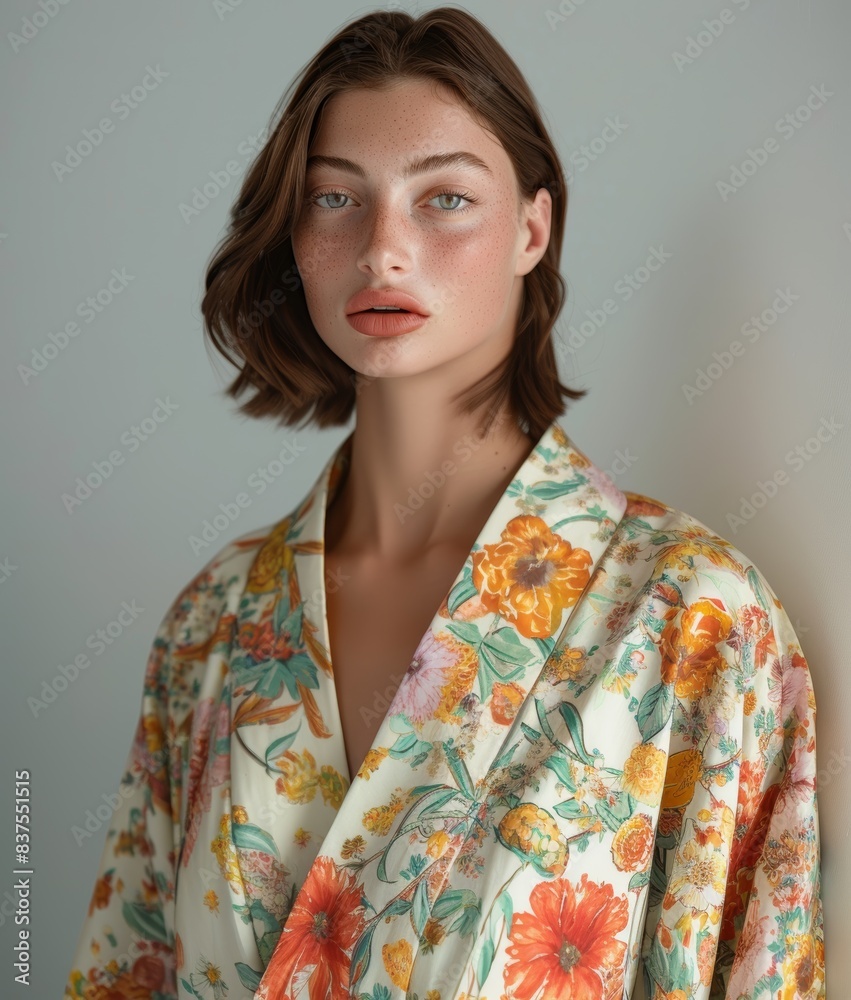 Elegant woman in a floral kimono, studio shot. Generative AI. Elegant woman in a floral kimono, studio shot. Generative AI.