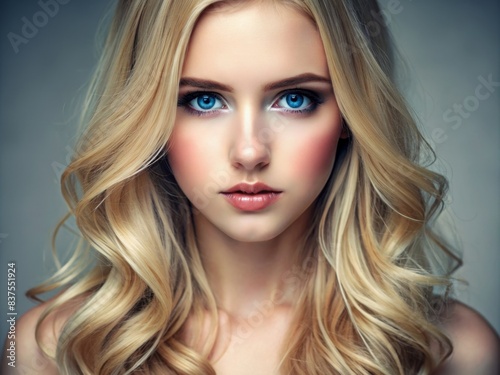 Close up of a young woman with beautiful flowing blonde hair and striking blue eyes  radiating natural beauty  woman  young  beautiful  flowing hair  blonde  blue eyes  natural beauty