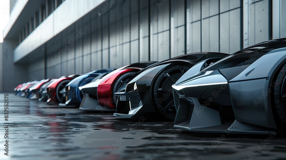 Precisely angular cars of the future lined up side by side. copy space for text.