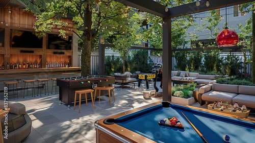 Outdoor entertainment area with a stylish pool table, bar, high stools, foosball, and comfy seating © Gophotograph